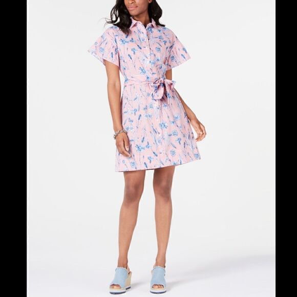 Tommy Hilfiger Pink White Striped Floral Short Sleeve Shirt Dress - Picture 1 of 12